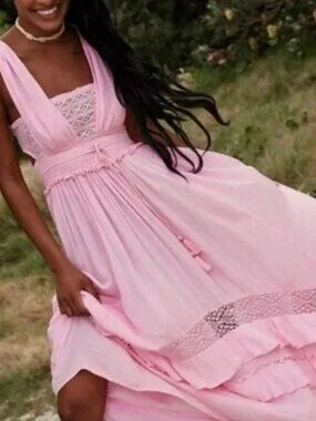 Venus Pink Lace-Up Open Back Maxi Dress L